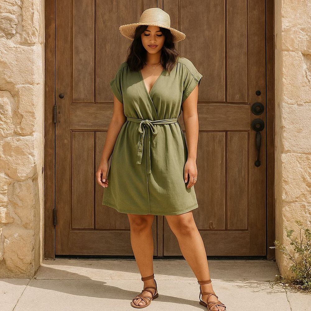 H&M Linen Blend Dress Women’s XS Olive Green Belted Beachy Coastal Casual